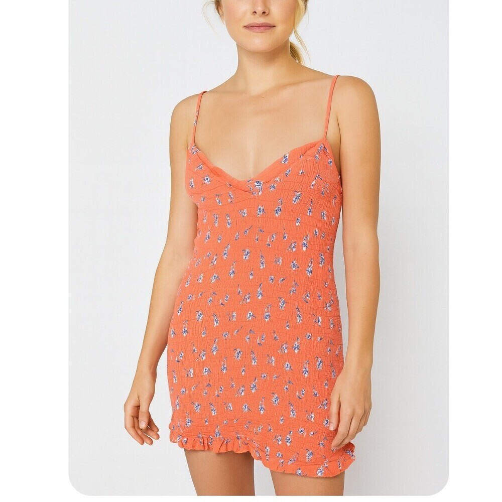 Skylar + Madison dress body con orange floral print ruched top mini SZ L short